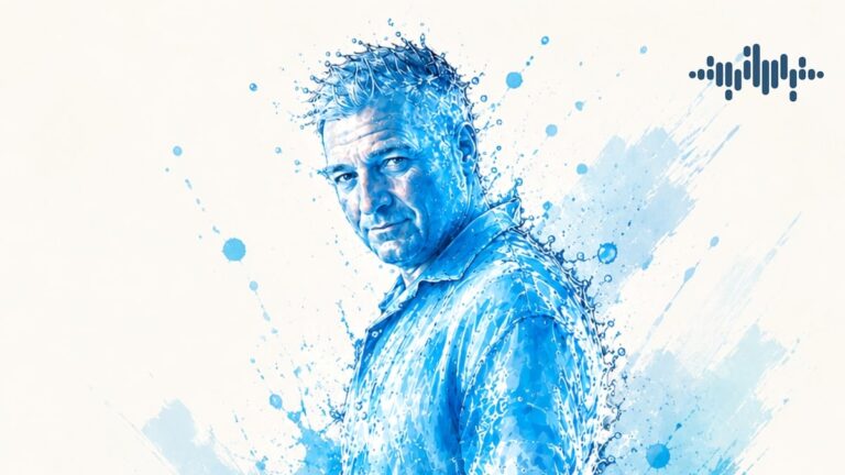 Ein blaues Porträt von Mirko Sauer mit spritzenden Farbflächen und grafischen Schallwellen vor hellem Hintergrund.