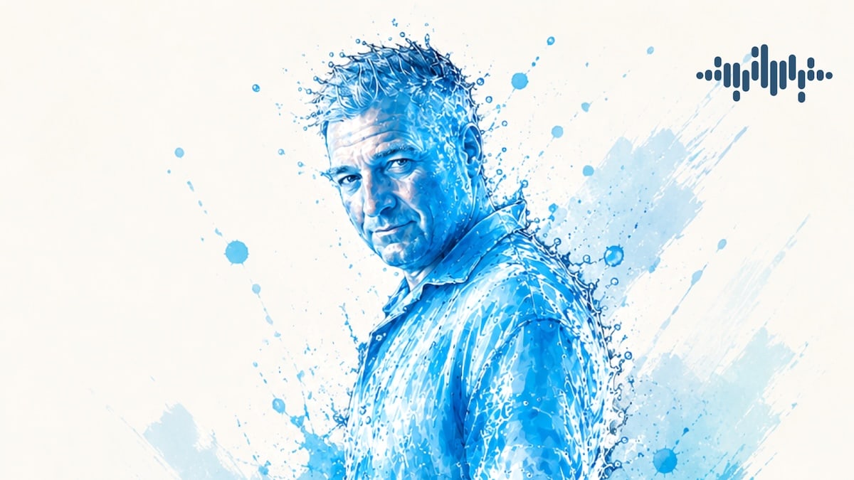 Ein blaues Porträt von Mirko Sauer mit spritzenden Farbflächen und grafischen Schallwellen vor hellem Hintergrund.
