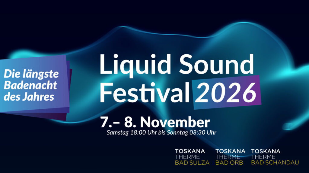 Ein dunkles Banner mit liquiden Hintergrund zur Bewerbung des Liquid Sound Festivals vom 7.- 8. November 2026